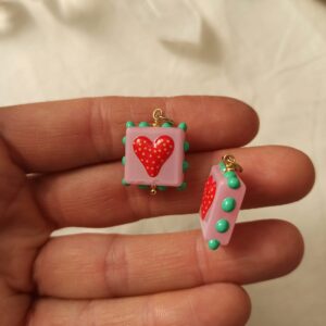 Ciondolo cuore rosa quadrato in ceramica e acciaio